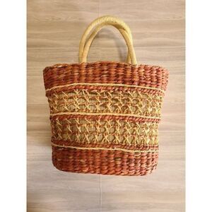 Handcrafted Woven Basket Vietnam Oval Gingham Lined Natural Fiber Storage Tote